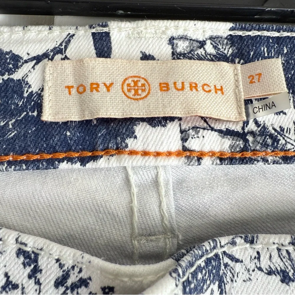 Tory Burch Tropical Toile Print Straight Leg Crop Jeans